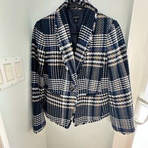 Ann Taylor Navy, White & Cream Plaid Tweed Blazer